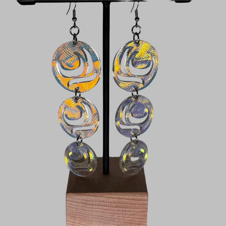 iridescent tiered earrings with textured finish